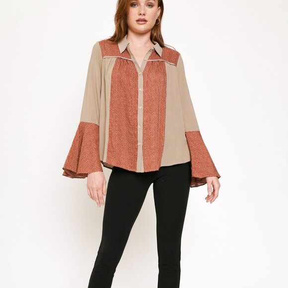 MYSTREE Taupe & Rust Boho Button Down Blouse, Flared Sleeve Casual Chic Top - Picture 8 of 9